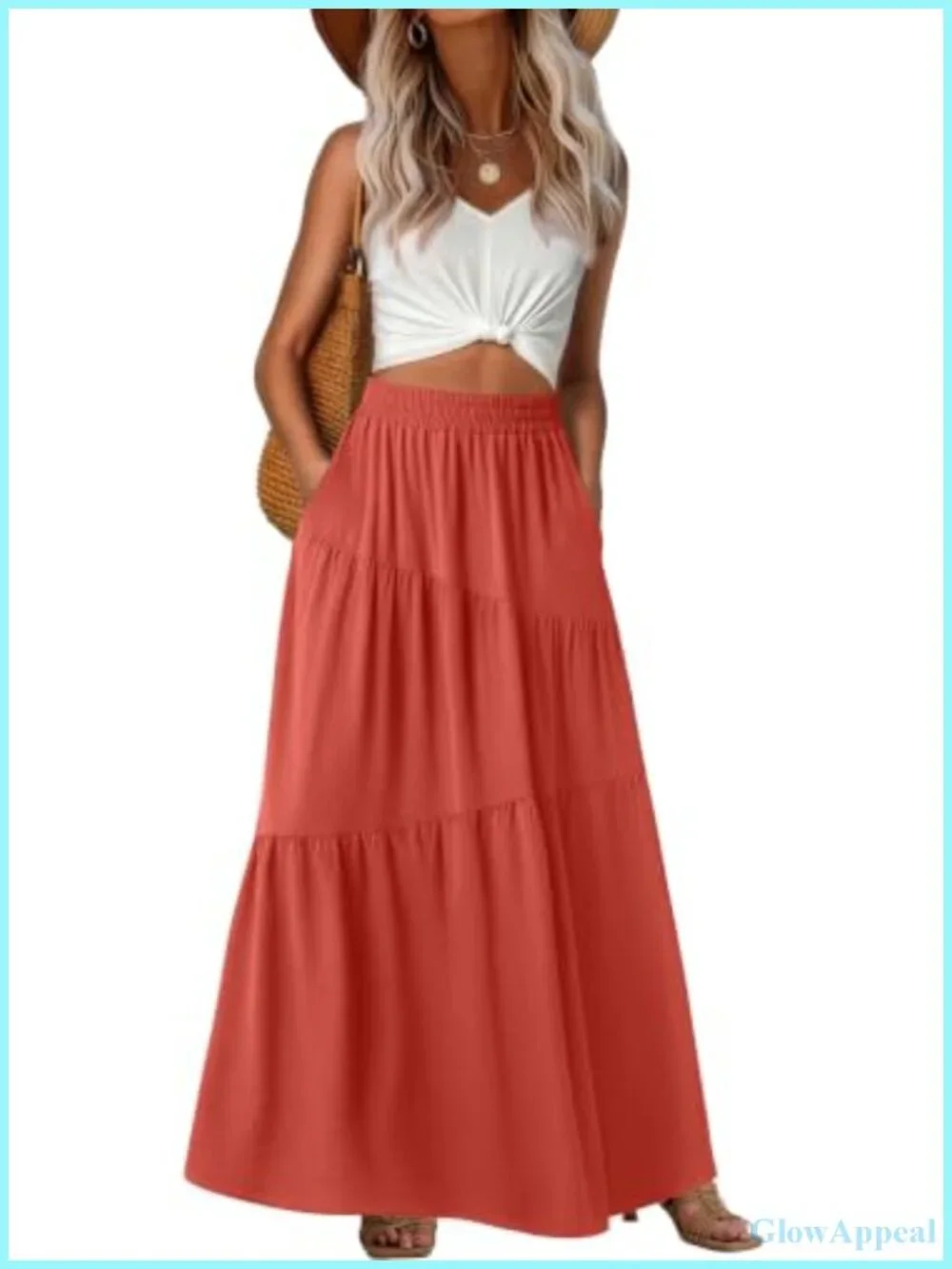 High Waist Tiered Maxi Skirt with Pockets Flowy A-Line Boho Casual Lightweight